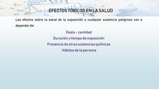 Los efectos sobre la salud de la exposición a cualquier sustancia peligrosa van a
dependerde:
Dosis - cantidad
Duración y tiempo de exposición
Presencia de otras sustancias químicas
Hábitos de la persona
EFECTOSTÓXICOS ENLASALUD
 