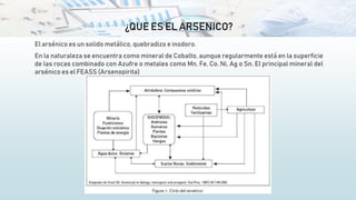 ¿QUE ES EL ARSENICO?
El arsénico es un solido metálico, quebradizo e inodoro.
En la naturaleza se encuentra como mineral de Cobalto, aunque regularmente está en la superficie
de las rocas combinado con Azufre o metales como Mn, Fe, Co, Ni, Ag o Sn. El principal mineral del
arsénico es el FEASS (Arsenopirita)
 