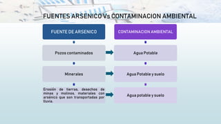 FUENTES ARSENICO Vs CONTAMINACION AMBIENTAL
FUENTE DE ARSENICO
Pozos contaminados
Minerales
Erosión de tierras, desechos de
minas y molinos, materiales con
arsénico que son transportadas por
lluvia.
CONTAMINACION AMBIENTAL
Agua Potable
Agua Potable y suelo
Agua potable y suelo
 