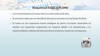 Bioquímica: FASE III PLOMO
o La fracción de plomo en hueso tiene una vida media de 20 años.
o En el hueso trabecular es mas lábil (1 año) que en el hueso cortical (hasta 10 años)
o El hueso es una importante fuente endógena de plomo circulante, importante en
adultos con exposición ocupacional, en mayores debido a la osteoporosis y en
mujeres debido a reabsorciónósea durante el embarazo, lactancia y menopausia.
.
 