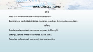 TOXICIDAD DEL PLOMO
SNC
Afecta los sistemas neurotrasmisorescerebrales
Compromete plasticidad sináptica, funciones cognitivas de memoria aprendizaje
NIÑOS
Encefalopatía por niveles en sangre mayores de 70 mcg/dl
Letargia, vomito, irritabilidad, mareo, ataxia, coma.
Secuelas, epilepsia,retraso mental, neuropatíaóptica
 