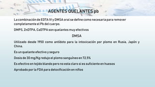 AGENTES QUELANTES pb
La combinación de EDTA IV y DMSA oral se define como necesariapara remover
completamenteel Pb del cuerpo.
DMPS, ZnDTPA, CaDTPA son quelantes muy efectivos
DMSA
Utilizado desde 1950 como antídoto para la intoxicación por plomo en Rusia, Japón y
China.
Es un quelante efectivo y seguro
Dosis de 30 mg/Kg redujo el plomo sanguíneoen 72,5%
Es efectivo en tejido blando pero no esta claro si es suficiente en huesos
Aprobado por la FDA para detoxificación en niños
 