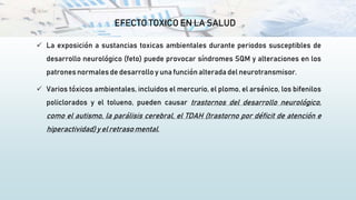 EFECTO TOXICO EN LA SALUD
 La exposición a sustancias toxicas ambientales durante periodos susceptibles de
desarrollo neurológico (feto) puede provocar síndromes SQM y alteraciones en los
patrones normales de desarrollo y una función alterada del neurotransmisor.
 Varios tóxicos ambientales, incluidos el mercurio, el plomo, el arsénico, los bifenilos
policlorados y el tolueno, pueden causar trastornos del desarrollo neurológico,
como el autismo, la parálisis cerebral, el TDAH (trastorno por déficit de atención e
hiperactividad)y el retrasomental.
 