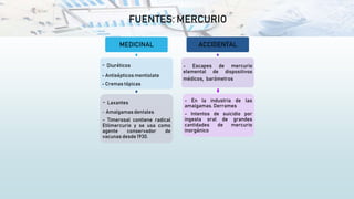 FUENTES: MERCURIO
MEDICINAL
- Diuréticos
- Antisépticos mentiolate
- Cremas tópicas
- Laxantes
- Amalgamas dentales
- Timerosal contiene radical
Etilmercurio y se usa como
agente conservador de
vacunas desde 1930.
ACCIDENTAL
- Escapes de mercurio
elemental de dispositivos
médicos, barómetros
- En la industria de las
amalgamas. Derrames
- Intentos de suicidio por
ingesta oral de grandes
cantidades de mercurio
inorgánico
 