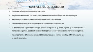 COMPUESTOS DE MERCURIO
- Tiomersal o Timerosal o tiolato de mercurio.
- Ampliamente usado en VACUNAS para prevenir contaminación por bacterias/ hongos
- Hay 25 mcgs de mercurio en cada dosis de vacunas con timerosal.
- Una vez dentro del cuerpo se convierte en Etilmercurio y tiosalicilato
- El Etilmercurio rápidamente ocupa células sanguíneas y otros tejidos y es convertido a
mercurio inorgánico. Desde ahí es excretado por las heces y la bilis como mercurio inorgánico.
- Hay importantes diferencias entre el Etilmercurio que se elimina pronto y el Metilmercurio que
se puede acumular.
 