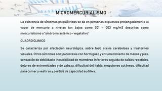 MICROMERCURIALISMO
La existencia de síntomas psiquiátricos se da en personas expuestas prolongadamente al
vapor de mercurio a niveles tan bajos como 001 – 003 mg/m3 descritos como
mercurialismo o “síndrome asténico- vegetativo”
CUADRO CLINICO
Se caracteriza por afectación neurológica, sobre todo ataxia cerebelosa y trastornos
visuales. Otros síntomas son: parestesia con hormigueo y entumecimiento de manos y pies,
sensación de debilidad o inestabilidad de miembros inferiores seguida de caídas repetidas,
dolores de extremidades y de cabeza, dificultad del habla, erupciones cutáneas, dificultad
para comer y vestirse y perdida de capacidad auditiva.
 