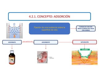4.2.1. CONCEPTO: ADSORCIÓN
Fijación de una sustancia sobre la
superficie de otra
ADSORBATO ADSORBENTE
Capa superficial sobre
SATURACIÓN
FUERZAS DE VAN DER
WAALS (CARGAS DEL AGUA
CON VIDRIO)
 