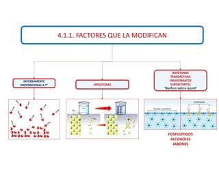 4.1.1. FACTORES QUE LA MODIFICAN
INVERSAMENTE
PROPORCIONAL A T° HIPSÓTONAS
BATÓTONAS
TENSOACTIVAS
EMUSIONANTES
SURFACTANTES
"Surface active agent"
FOSFOLÍPIDOS
ALCOHOLES
JABONES
 