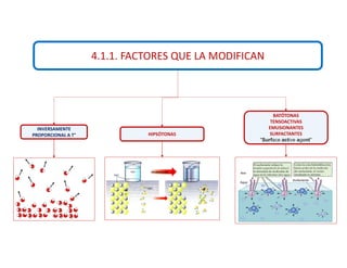 4.1.1. FACTORES QUE LA MODIFICAN
INVERSAMENTE
PROPORCIONAL A T° HIPSÓTONAS
BATÓTONAS
TENSOACTIVAS
EMUSIONANTES
SURFACTANTES
"Surface active agent"
 