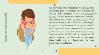 No hay nada más placentero y a la vez más
desafiante para los padres que el poder ver
que su bebé empieza a dar sus primeros
pasitos. Es un momento realmente especial,
que marca una etapa. El bebé crece, ya se
sienta, se levanta, da vueltas, se pone de pie,
se agarra a los barrotes de la cuna, y desde
hace algunas semanas no para de arrastrarse
y de gatear por todos los rincones de la casa.
Su sentimiento de libertad es contagioso. El
poder moverse es divertido y un paso
importante en el desarrollo de sus
destrezas y confianza.
●
Desarrollo
psicosocial
 
