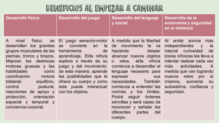 Beneficios al empezar a caminar
Desarrollo físico Desarrollo del juego Desarrollo del lenguaje
y social
Desarrollo de la
autonomía y seguridad
en sí mismo/a
A nivel físico, se
desarrollan los grandes
grupos musculares de las
piernas, tronco y brazos.
Mejoran las destrezas
motoras gruesas y las
habilidades como
coordinación motora
bilateral, equilibrio,
control postural,
reacciones de apoyo y
protección, orientación
espacial y temporal y
conciencia corporal.
El juego sensorio-motor
se convierte en la
herramienta de
aprendizaje. El/la niño/a
explora a través de su
juego y del movimiento;
de esta manera, aprende
las posibilidades que le
ofrece su cuerpo y como
este puede interactuar
con los objetos.
A medida que la libertad
de movimiento le va
haciendo desear
alcanzar nuevos objetos
o retos, el/la niño/a
comienza a desarrollar el
lenguaje necesario para
expresar sus
necesidades. También
comienza a entender las
normas y los límites.
Podrá seguir órdenes
sencillas y será capaz de
reconocer y señalar las
diferentes partes del
cuerpo.
Al andar somos más
independientes y la
natural curiosidad de
los/as niños/as les lleva a
intentar realizar cada vez
más actividades. A
medida que van logrando
nuevos retos por sí
mismos, aumenta su
autoestima, confianza y
seguridad.
 