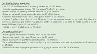 DESARROLLO DEL LENGUAJE
•Utiliza 2 a 3 palabras (distintas a mamá y papá) a los 12 a 15 meses
•Entiende y acata órdenes simples ("llévale a mamá") a los 14 a 16 meses
•Nombra dibujos de objetos y animales entre los 18 y los 24 meses
•Señala las partes del cuerpo nombradas entre los 18 y los 24 meses
•Comienza a responder cuando se lo llama por su nombre a los 15 meses
•Combina 2 palabras entre los 16 y los 24 meses (existe un rango de edades en las cuales los niños son
capaces de combinar por primera vez palabras dentro de oraciones; si un niño no puede hacerlo a los 24
meses, hable con el proveedor de su niño).
•Conoce el sexo y la edad hacia los 36 meses
DESARROLLO SOCIAL
•Indica algunas necesidades señalando hacia los 12 a 15 meses.
•Busca ayuda cuando está en problemas hacia los 18 meses.
•Ayuda a desvestirse y guardar las cosas hacia los 18 a 24 meses.
•Escucha historias cuando se le muestran figuras y puede comentar acerca de experiencias inmediatas hacia
los 24 meses.
•Puede involucrarse en juego de personificación y juegos simples hacia los 24 a 36 meses
 