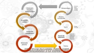 Dimensión
Filosófico
epistemológica
Dimensión
teórica
Dimensión
metodológica
Dimensión
practica
•Persona
•Salud
•Entorno
•Cuidado
Metaparadigma
Modelos
Conceptuales
•Propia
•Prestada
Teoría
•Valoración
•Diagnostico
•Planeación
•Ejecución
•Evaluación
Proceso de
Enfermería
Práctica
 
