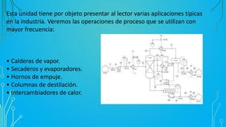 Esta unidad tiene por objeto presentar al lector varias aplicaciones típicas
en la industria. Veremos las operaciones de proceso que se utilizan con
mayor frecuencia:
• Calderas de vapor.
• Secaderos y evaporadores.
• Hornos de empuje.
• Columnas de destilación.
• Intercambiadores de calor.
 