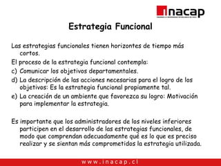 Estrategia Funcional Las estrategias funcionales tienen horizontes de tiempo más cortos.  El proceso de la estrategia funcional contempla:  Comunicar los objetivos departamentales.  La descripción de las acciones necesarias para el logro de los objetivos: Es la estrategia funcional propiamente tal. La creación de un ambiente que favorezca su logro: Motivación para implementar la estrategia. Es importante que los administradores de los niveles inferiores participen en el desarrollo de las estrategias funcionales, de modo que comprendan adecuadamente qué es lo que es preciso realizar y se sientan más comprometidos la estrategia utilizada. 