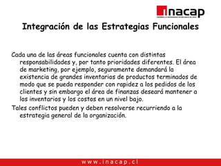 Integración de las Estrategias Funcionales Cada una de las áreas funcionales cuenta con distintas responsabilidades y, por tanto prioridades diferentes. El área de marketing, por ejemplo, seguramente demandará la existencia de grandes inventarios de productos terminados de modo que se pueda responder con rapidez a los pedidos de los clientes y sin embargo el área de finanzas deseará mantener a los inventarios y los costos en un nivel bajo.  Tales conflictos pueden y deben resolverse recurriendo a la estrategia general de la organización.  