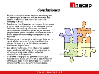 Conclusiones El plan estratégico de una empresa es un conjunto de estrategias a distintos niveles. Mientras mas grande la empresa, más puntos de iniciativa estratégica tiene.  Idealmente, las diferentes estrategias deben unirse y potenciarse; sin embargo, a veces ocurre que las unidades funcionales y operativas estén mas interesadas en realizar lo que es mejor para sus propias áreas que en cooperar con otras unidades a fin de respaldar la estrategia corporativa o de negocios.  El proceso de creación de la estrategia debe partir desde el nivel superior (corporativo) hacia los niveles de negocio, y de éste hacia los niveles funcionales y operativos. Los administrativos de nivel inferior no pueden crear una buena estrategia si no comprenden la dirección a largo plazo y las estrategias corporativas o de negocios. Relevante es el papel del gerente general, que muchas veces marca un estilo en la administración entera, que debe lograr comunicación, cohesión y entendimiento entre las diferentes unidades. Estrategia Corporativa Estrategia de Negocio Estrategia Funcional Estrategia Operativa 