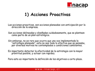 1) Acciones Proactivas Las acciones proactivas, son acciones planeadas con anticipación por la dirección de la empresa. Son acciones delineadas y diseñadas cuidadosamente, que se plantean como parte de un plan estratégico. Sin embargo, no es raro que ocurra que una vez implementada la “estrategia planeada”, esta no sea todo lo efectiva que se pensaba, por diversos motivos no contemplados o condiciones cambiantes. Es importante detectar la efectividad de la estrategia con la mayor prontitud posible, y actuar con rapidez. Para esto es importante la definición de los objetivos a corto plazo. 