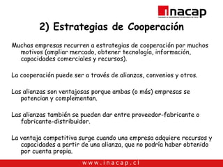 2) Estrategias de Cooperación Muchas empresas recurren a estrategias de cooperación por muchos motivos (ampliar mercado, obtener tecnología, información, capacidades comerciales y recursos).  La cooperación puede ser a través de alianzas, convenios y otros. Las alianzas son ventajosas porque ambas (o más) empresas se potencian y complementan. Las alianzas también se pueden dar entre proveedor-fabricante o fabricante-distribuidor. La ventaja competitiva surge cuando una empresa adquiere recursos y capacidades a partir de una alianza, que no podría haber obtenido por cuenta propia. 