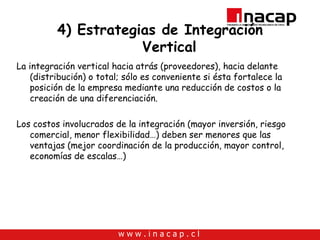 4) Estrategias de Integración Vertical La integración vertical hacia atrás (proveedores), hacia delante (distribución) o total; sólo es conveniente si ésta fortalece la posición de la empresa mediante una reducción de costos o la creación de una diferenciación. Los costos involucrados de la integración (mayor inversión, riesgo comercial, menor flexibilidad…) deben ser menores que las ventajas (mejor coordinación de la producción, mayor control, economías de escalas…) 