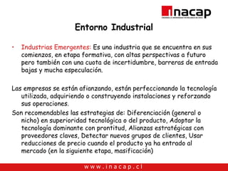 Entorno Industrial Industrias Emergentes:  Es una industria que se encuentra en sus comienzos, en etapa formativa, con altas perspectivas a futuro pero también con una cuota de incertidumbre, barreras de entrada bajas y mucha especulación.  Las empresas se están afianzando, están perfeccionando la tecnología utilizada, adquiriendo o construyendo instalaciones y reforzando sus operaciones.  Son recomendables las estrategias de: Diferenciación (general o nicho) en superioridad tecnológica o del producto, Adoptar la tecnología dominante con prontitud, Alianzas estratégicas con proveedores claves, Detectar nuevos grupos de clientes, Usar reducciones de precio cuando el producto ya ha entrado al mercado (en la siguiente etapa, masificación)  