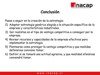 Conclusión Pasos a seguir en la creación de la estrategia: Adaptar estrategia genérica elegida a la situación específica de la empresa y características industriales. Ser realistas en el tipo de ventaja competitiva a conseguir por la empresa. Revisar recursos y capacidades de la empresa efectivos para implementar la estrategia. Plantearse como proteger la ventaja competitiva y que medidas defensivas conviene tomar. Definir si se tomará una actitud agresiva, y que medidad ofensivas convendrá tomar. 