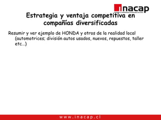 Estrategia y ventaja competitiva en compañías diversificadas Resumir y ver ejemplo de HONDA y otros de la realidad local (automotrices; división autos usados, nuevos, repuestos, taller etc…) 