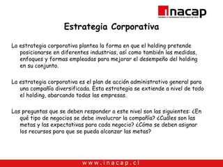 Estrategia Corporativa <ul><li>La estrategia corporativa plantea la forma en que el holding pretende posicionarse en difer...