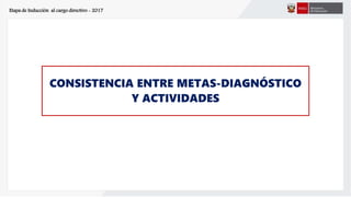 Etapa de Inducción al cargo directivo - 2017
CONSISTENCIA ENTRE METAS-DIAGNÓSTICO
Y ACTIVIDADES
 