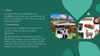 • Sierra
La región Sierra está dominada por la
Cordillera de los Andes, con una extensión de
800 km de longitud y 100-200 km de ancho
aproximadamente.
• Características
-En los Andes, la estación lluviosa dura de
octubre a mayo y la seca de junio a
septiembre
-Es popularmente conocida por presentar
elevaciones variadas, que van desde los 1500
metros sobre el nivel del mar hasta su punto
más alto, a 6310 metros sobre el nivel del mar,
ubicado en la cúspide del Chimborazo.
 