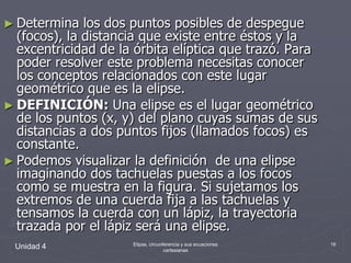 Unidad 4Elipse, circunferencia y sus ecuaciones cartesianas16Determina los dos puntos posibles de despegue (focos), la distancia que existe entre éstos y la excentricidad de la órbita elíptica que trazó. Para poder resolver este problema necesitas conocer los conceptos relacionados con este lugar geométrico que es la elipse.DEFINICIÓN: Una elipse es el lugar geométrico de los puntos (x, y) del plano cuyas sumas de sus distancias a dos puntos fijos (llamados focos) es constante.Podemos visualizar la definición  de una elipse imaginando dos tachuelas puestas a los focos como se muestra en la figura. Si sujetamos los extremos de una cuerda fija a las tachuelas y tensamos la cuerda con un lápiz, la trayectoria trazada por el lápiz será una elipse.
