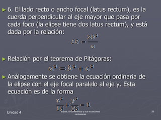 Unidad 4Elipse, circunferencia y sus ecuaciones cartesianas266. El lado recto o ancho focal (latusrectum), es la cuerda perpendicular al eje mayor que pasa por cada foco (la elipse tiene dos latusrectum), y está dada por la relación:Relación por el teorema de Pitágoras: Análogamente se obtiene la ecuación ordinaria de la elipse con el eje focal paralelo al eje y. Esta ecuación es de la forma