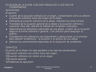 ECUACION DE LA ELIPSE CON EJES PARALELOS A LOS EJES DE COORDENADAS.Aprendizajes.El alumno:A partir de la ecuación ordinaria en el origen, comprenderá como se obtiene la ecuación ordinaria fuera del origen de la elipse.Utilizando la ecuación ordinaria de la elipse, obtendrá las otras formas.Transitará de la ecuación general de la elipse a la ecuación ordinaria y viceversa. Para ello, aplicará el método de completar cuadrados.Determinará los elementos esénciales de una elipse, a partir de su ecuación dada en la forma ordinaria o general, y los utilizara para bosquejar su grafica.Concatenará con coherencia sus argumentos y deducciones en el proceso para obtener la definición , la ecuación y la grafica de una elipse.Aplicará los conocimientos adquiridos en la resolución de problemas.TEMATICA:Ecuación de la elipse con ejes paralelos a los ejes de coordenadas:1)Ecuación ordinaria con centro fuera del origen.2)Ecuación ordinaria con centro en el origen.3)Ecuación general.4)Problemas de aplicación.Unidad 434Elipse, circunferencia y sus ecuaciones cartesianas
