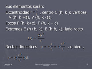 Sus elementos serán:Excentricidad        , centro C (h, k ); vértices V (h, k +a), V (h, k -a);Focos F (h, k+c), F (h, k – c)Extremos E (h+b, k), E (h-b, k); lado recto Rectas directrices                        , o bien ,Unidad 438Elipse, circunferencia y sus ecuaciones cartesianas