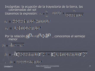 Incógnitas: la ecuación de la trayectoria de la tierra, las coordenadas del solUsaremos la expresión:Por la relación                        , conocemos el semieje menor.Unidad 461Elipse, circunferencia y sus ecuaciones cartesianas