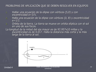 PROBLEMAS DE APLICACIÓN QUE SE DEBEN RESOLVER EN EQUIPOSHallar una ecuación de la elipse con vértices (5,0) y con excentricidad e=3/5.Halla una ecuación de la elipse con vértices (0, 8) y excentricidad e=1/2.Orbita de la tierra. La tierra se mueve en orbita elíptica con el sol en uno de sus focos.La longitud de la mitad del eje mayor es de 92.957x10 millas y la excentricidad es de 0.017. Halla la distancia más corta y la más larga de la tierra al sol..Unidad 463Elipse, circunferencia y sus ecuaciones cartesianas