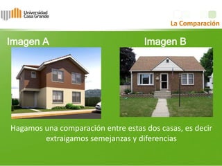 Imagen A Imagen B
La Comparación
Hagamos una comparación entre estas dos casas, es decir
extraigamos semejanzas y diferencias
 