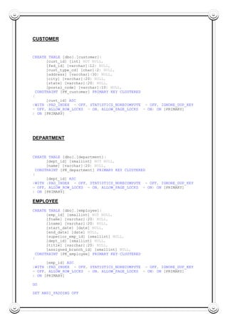 CUSTOMER
CREATE TABLE [dbo].[customer](
[cust_id] [int] NOT NULL,
[fed_id] [varchar](12) NULL,
[cust_type_cd] [char](2) NULL,
[address] [varchar](30) NULL,
[city] [varchar](20) NULL,
[state] [varchar](20) NULL,
[postal_code] [varchar](10) NULL,
CONSTRAINT [PK_customer] PRIMARY KEY CLUSTERED
(
[cust_id] ASC
)WITH (PAD_INDEX = OFF, STATISTICS_NORECOMPUTE = OFF, IGNORE_DUP_KEY
= OFF, ALLOW_ROW_LOCKS = ON, ALLOW_PAGE_LOCKS = ON) ON [PRIMARY]
) ON [PRIMARY]
DEPARTMENT
CREATE TABLE [dbo].[department](
[dept_id] [smallint] NOT NULL,
[name] [varchar](20) NULL,
CONSTRAINT [PK_department] PRIMARY KEY CLUSTERED
(
[dept_id] ASC
)WITH (PAD_INDEX = OFF, STATISTICS_NORECOMPUTE = OFF, IGNORE_DUP_KEY
= OFF, ALLOW_ROW_LOCKS = ON, ALLOW_PAGE_LOCKS = ON) ON [PRIMARY]
) ON [PRIMARY]
EMPLOYEE
CREATE TABLE [dbo].[employee](
[emp_id] [smallint] NOT NULL,
[fname] [varchar](20) NULL,
[lname] [varchar](20) NULL,
[start_date] [date] NULL,
[end_date] [date] NULL,
[superior_emp_id] [smallint] NULL,
[dept_id] [smallint] NULL,
[title] [varchar](20) NULL,
[assigned_branch_id] [smallint] NULL,
CONSTRAINT [PK_employee] PRIMARY KEY CLUSTERED
(
[emp_id] ASC
)WITH (PAD_INDEX = OFF, STATISTICS_NORECOMPUTE = OFF, IGNORE_DUP_KEY
= OFF, ALLOW_ROW_LOCKS = ON, ALLOW_PAGE_LOCKS = ON) ON [PRIMARY]
) ON [PRIMARY]
GO
SET ANSI_PADDING OFF
 