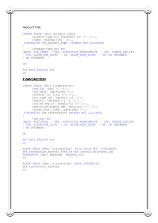 PRODUCT TYPE
CREATE TABLE [dbo].[product_type](
[product_type_cd] [varchar](10) NOT NULL,
[name] [varchar](50) NULL,
CONSTRAINT [PK_product_type] PRIMARY KEY CLUSTERED
(
[product_type_cd] ASC
)WITH (PAD_INDEX = OFF, STATISTICS_NORECOMPUTE = OFF, IGNORE_DUP_KEY
= OFF, ALLOW_ROW_LOCKS = ON, ALLOW_PAGE_LOCKS = ON) ON [PRIMARY]
) ON [PRIMARY]
GO
SET ANSI_PADDING OFF
GO
TRANSACTION
CREATE TABLE [dbo].[transaction](
[txn_id] [int] NOT NULL,
[txn_date] [datetime] NULL,
[account_id] [int] NOT NULL,
[txn_type_cd] [varchar](10) NULL,
[amount] [decimal](10, 2) NULL,
[teller_emp_id] [smallint] NOT NULL,
[execution_branch_id] [smallint] NOT NULL,
[funds_avail_date] [datetime] NULL,
CONSTRAINT [PK_transaction] PRIMARY KEY CLUSTERED
(
[txn_id] ASC
)WITH (PAD_INDEX = OFF, STATISTICS_NORECOMPUTE = OFF, IGNORE_DUP_KEY
= OFF, ALLOW_ROW_LOCKS = ON, ALLOW_PAGE_LOCKS = ON) ON [PRIMARY]
) ON [PRIMARY]
GO
SET ANSI_PADDING OFF
GO
ALTER TABLE [dbo].[transaction] WITH CHECK ADD CONSTRAINT
[FK_transaction_branch] FOREIGN KEY([execution_branch_id])
REFERENCES [dbo].[branch] ([branch_id])
GO
ALTER TABLE [dbo].[transaction] CHECK CONSTRAINT
[FK_transaction_branch]
GO
 