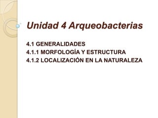 Unidad 4 Arqueobacterias
4.1 GENERALIDADES
4.1.1 MORFOLOGÍA Y ESTRUCTURA
4.1.2 LOCALIZACIÓN EN LA NATURALEZA
 