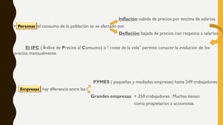 Inflación: subida de precios por encima de salarios
• el consumo de la población se ve afectado por
Deflación: bajada de precios con respecto a salarios
El IPC ( Índice de Precios al Consumo) o “ coste de la vida” permite conocer la evolución de los
precios mensualmente.
•
•
PYMES ( pequeñas y mediadas empresas) hasta 249 trabajadores
• hay diferencia entre las
Grandes empresas: + 250 trabajadores. Muchas tienen
como propietarios a accionistas.
Personas
Empresas
 