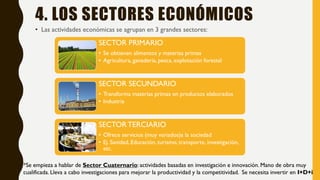 4. LOS SECTORES ECONÓMICOS
• Las actividades económicas se agrupan en 3 grandes sectores:
SECTOR PRIMARIO
• Se obtienen alimentos y materias primas
• Agricultura, ganadería, pesca, explotación forestal
SECTOR SECUNDARIO
• Transforma materias primas en productos elaborados
• Industria
SECTORTERCIARIO
• Ofrece servicios (muy variados)a la sociedad
• Ej. Sanidad, Educación, turismo, transporte, investigación,
etc.
*Se empieza a hablar de Sector Cuaternario: actividades basadas en investigación e innovación. Mano de obra muy
cualificada. Lleva a cabo investigaciones para mejorar la productividad y la competitividad. Se necesita invertir en I+D+i
 
