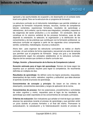 egresado y las oportunidades de ocupación y de desempeño en el contexto tanto
local como global. Para ver la estructura de un programa de formación.

La estructura curricular es el instrumento metodológico que permite sintetizar un
programa de formación incluyendo tiempos, recursos, normas de competencia
laboral, contenidos, experiencias formativas, resultados de aprendizaje y
valoraciones.; de lo anterior, que la misma sea integradora, completa y responda a
las exigencias del sector productivo y a la sociedad. En conclusión, ésta se
constituye en la columna vertebral de los procesos formativos, pues de ella
depende la orientación, la selección, la organización y la distribución de los
conocimientos y de las prácticas que contribuyan con la formación profesional. La
estructura curricular se organiza a partir de los siguientes cinco componentes:
sentido, contenidos, metodologías, recursos y evaluación.

Ahora bien para organizar las estructuras curriculares se realiza un diseño
curricular, el cual contiene de forma organizada y secuencial una serie de campos
que permiten que el programa de formación tenga una guía y se desarrolle
adecuadamente según los preceptos establecidos en la estructura curricular.
Algunos de los campos que contiene un diseño curricular son:

Código, Versión y Denominación de la Norma de Competencia Laboral

Duración estimada para el logro del aprendizaje: Número de horas según los
expertos que un aprendiz requiere para lograr la competencia. Se recomienda
definirlas en múltiplos de diez.

Resultados de aprendizaje: Se definen como los logros (productos, respuestas,
desempeños) de tipo motriz, valorativo, cognitivo y actitudinal, que debe alcanzar
el aprendiz durante el proceso de aprendizaje.

Conocimientos de concepto y principio: Se basan en los criterios de
desempeño, conocimientos esenciales y rangos de aplicación de la norma.

Conocimientos de proceso: Son los subprocesos, procedimientos o actividades
de orden cognitivo y motriz, requeridos para el logro de los resultados de
aprendizaje que están soportados en los conocimientos de concepto y principios.

Criterios de evaluación: Son indicadores que señalan el nivel de logro que deben
alcanzar los aprendices durante el proceso de aprendizaje y que permiten emitir
un juicio durante el proceso formativo o al final del mismo. Promueven la
autoevaluación, la coevaluación y la heteroevaluación durante el proceso de



                            Copyright SENA ©, 2012.                             6
 