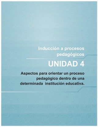 Inducción a procesos
                 pedagógicos

              UNIDAD 4
Aspectos para orientar un proceso
        pedagógico dentro de una
determinada institución educativa.
 