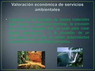 • Consisten en la provisión de bienes materiales
tales como un panorama hermoso, la provisión
de recursos naturales que se usan para crear
bienes económicos
y la provisión de un
resumidero en el que se echan subproductos
inevitables de la actividad económica.

 