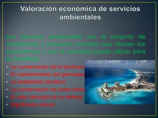 Los servicios ambientales son el conjunto de
condiciones y procesos naturales que ofrecen los
ecosistemas y que la sociedad puede utilizar para
su beneficio:
•
•
•
•
•
•

La conservación de la biodiversidad
El mantenimiento del germoplasma
La estabilidad climática
La conservación de ciclos biológicos
El valor derivado de su belleza
Significado cultural

 