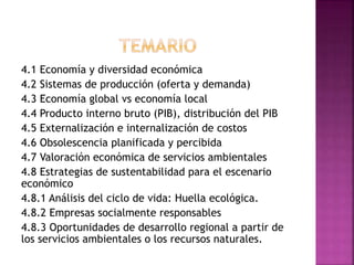 4.1 Economía y diversidad económica
4.2 Sistemas de producción (oferta y demanda)
4.3 Economía global vs economía local
4.4 Producto interno bruto (PIB), distribución del PIB
4.5 Externalización e internalización de costos
4.6 Obsolescencia planificada y percibida
4.7 Valoración económica de servicios ambientales
4.8 Estrategias de sustentabilidad para el escenario
económico
4.8.1 Análisis del ciclo de vida: Huella ecológica.
4.8.2 Empresas socialmente responsables
4.8.3 Oportunidades de desarrollo regional a partir de
los servicios ambientales o los recursos naturales.
 