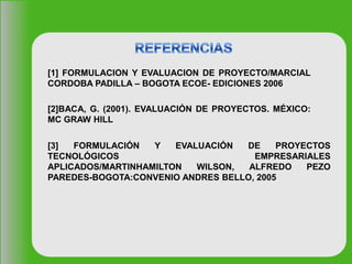 [2]BACA, G. (2001). EVALUACIÓN DE PROYECTOS. MÉXICO:
MC GRAW HILL
[1] FORMULACION Y EVALUACION DE PROYECTO/MARCIAL
CORDOBA PADILLA – BOGOTA ECOE- EDICIONES 2006
[3] FORMULACIÓN Y EVALUACIÓN DE PROYECTOS
TECNOLÓGICOS EMPRESARIALES
APLICADOS/MARTINHAMILTON WILSON, ALFREDO PEZO
PAREDES-BOGOTA:CONVENIO ANDRES BELLO, 2005
 