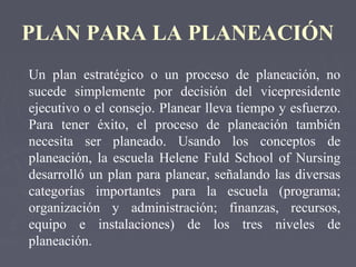 PLAN PARA LA PLANEACIÓN
Un plan estratégico o un proceso de planeación, no
sucede simplemente por decisión del vicepresidente
ejecutivo o el consejo. Planear lleva tiempo y esfuerzo.
Para tener éxito, el proceso de planeación también
necesita ser planeado. Usando los conceptos de
planeación, la escuela Helene Fuld School of Nursing
desarrolló un plan para planear, señalando las diversas
categorías importantes para la escuela (programa;
organización y administración; finanzas, recursos,
equipo e instalaciones) de los tres niveles de
planeación.
 