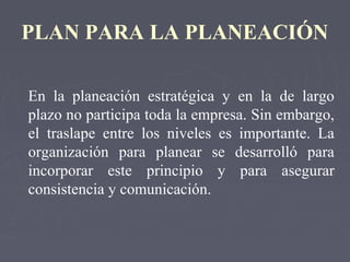 PLAN PARA LA PLANEACIÓN
En la planeación estratégica y en la de largo
plazo no participa toda la empresa. Sin embargo,
el traslape entre los niveles es importante. La
organización para planear se desarrolló para
incorporar este principio y para asegurar
consistencia y comunicación.
 